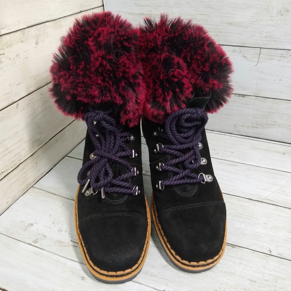Sam Edelman BOWEN Wmn 6M Black Suede LaceUp Moto Hiking Boots Wine Faux Fur Trim